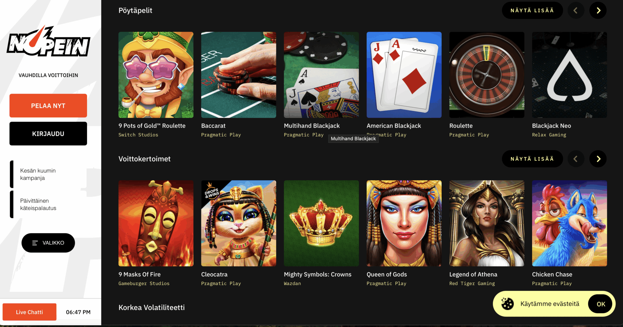 reliable Nopein Casino cashback bonus banner in Norway