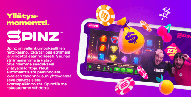 Spinz Casino seuraa live striimiä ja lunasta ilmaiskierroksia.
